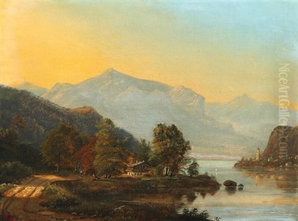 A Mountain Landscape With A Winding River Oil Painting by Frederik Christian Jacobsen Kiaerskou