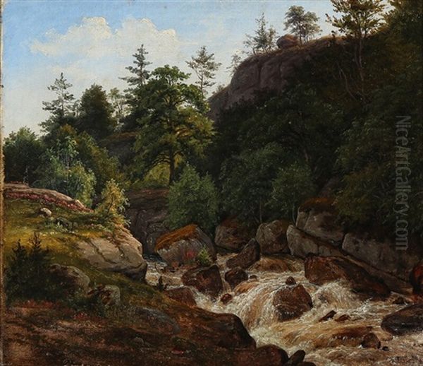 Sunlit Mountain Scenery With A Waterfall Oil Painting by Frederik Christian Jacobsen Kiaerskou