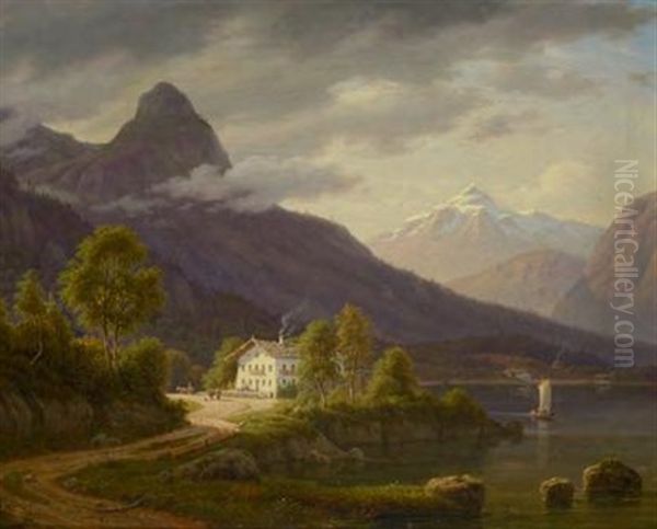 See In Tirol Mit Einem Bauernhaus Im Vordergrund Oil Painting by Frederik Christian Jacobsen Kiaerskou