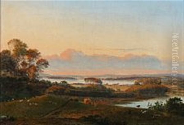 View From Nakkebolle Near Faarborg, Denmark Oil Painting by Frederik Christian Jacobsen Kiaerskou