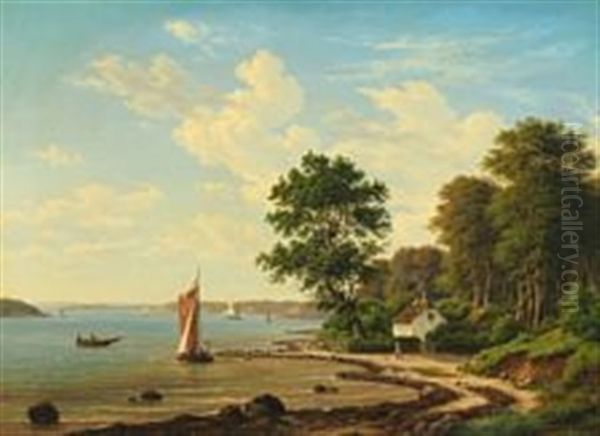 Sailing Ships And Boats In A Bay Oil Painting by Frederik Christian Jacobsen Kiaerskou