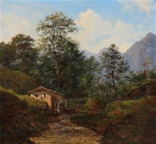 At A Watermill In An Alpine Landscape by Frederik Christian Jacobsen Kiaerskou