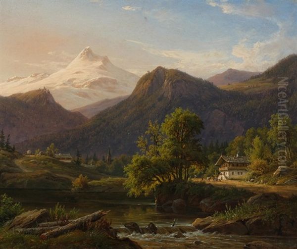 Gebirgslandschaft Im Vinschgau Mit Fluss Und Dorf Im Hintergrund Oil Painting by Frederik Christian Jacobsen Kiaerskou