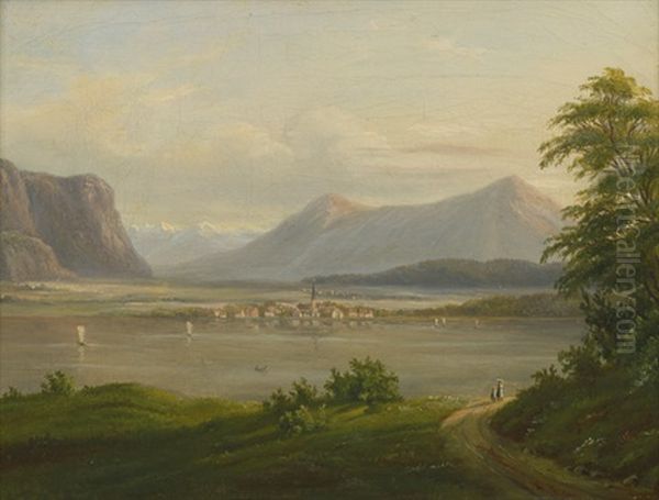 Ansicht Von Rottach-egern Und Der St. Laurentiuskirche Am Tegernsee Oil Painting by Frederik Christian Jacobsen Kiaerskou