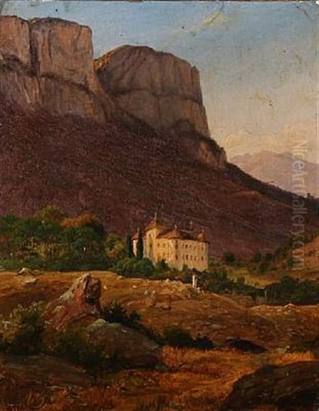 Mountain Landscape With A Castle, Tyrol Oil Painting by Frederik Christian Jacobsen Kiaerskou