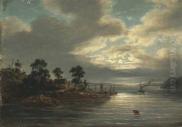 A Swedish Moonlit Fjord Scene Oil Painting by Frederik Christian Jacobsen Kiaerskou