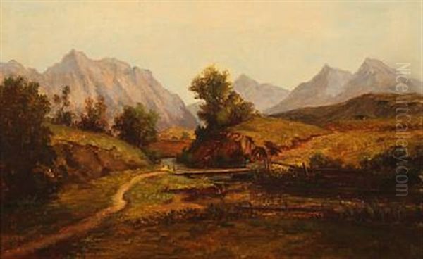 Hilly Landscape With Mountains In The Background Oil Painting by Frederik Christian Jacobsen Kiaerskou