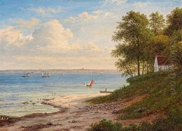 Summer Day At Hellebaek At The Coast Of Oresund Oil Painting by Frederik Christian Jacobsen Kiaerskou