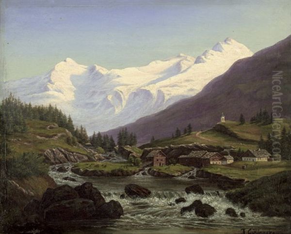 Alpine Landschaft Mit Kleinem Dorf Und Schneebedeckter Bergsilhouette Oil Painting by Frederik Christian Jacobsen Kiaerskou