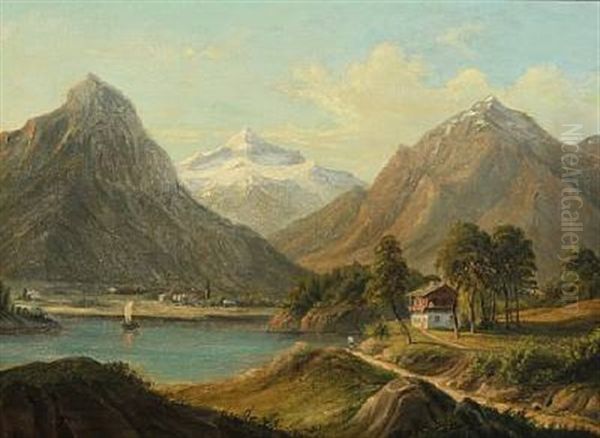 Scenery From The Alps With View To A City Oil Painting by Frederik Christian Jacobsen Kiaerskou