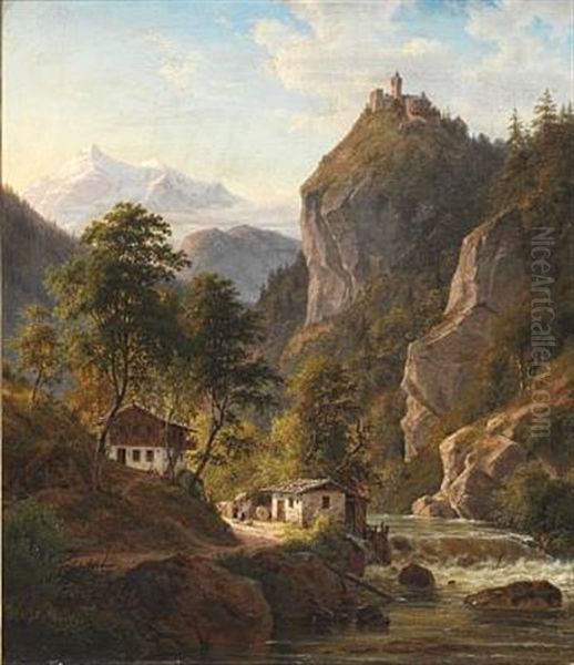 Alpine Landscape With A Foaming River And A Castle On The Mountain Top. Presumably From Tyrol Oil Painting by Frederik Christian Jacobsen Kiaerskou