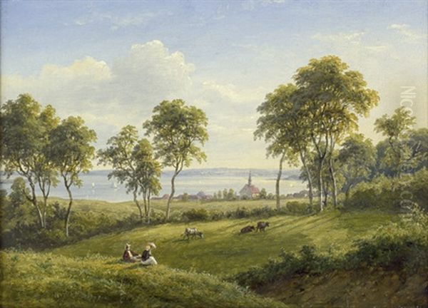 Sommerliche Landschaft Mit Blick Auf Die St. Andreas-kirche Bei Haddeby An Der Schlei Gegenuber Von Schleswig Oil Painting by Frederik Christian Jacobsen Kiaerskou