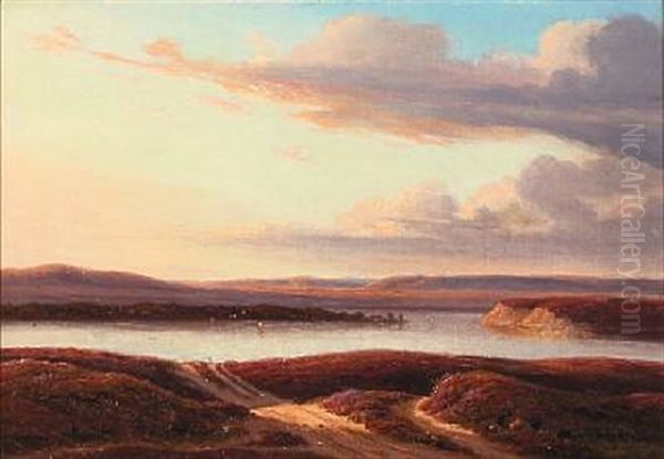 Parti Ved Flynderso I Jylland Ved Solnedgang Oil Painting by Frederik Christian Jacobsen Kiaerskou