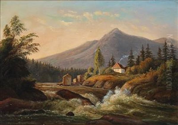 Rushing River Oil Painting by Frederik Christian Jacobsen Kiaerskou