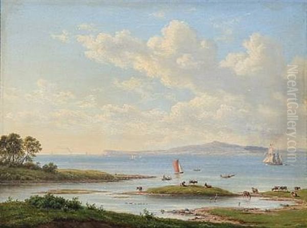 Parti Fra Limfjorden Ved Nykjobing Paa Mors, I Baggrunden Fuur Oil Painting by Frederik Christian Jacobsen Kiaerskou