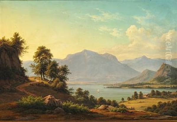 Alpine Landscape With A River And Tall Mountains Oil Painting by Frederik Christian Jacobsen Kiaerskou