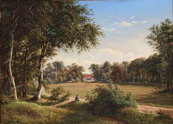 Danish Summer Landscape With A Young Man Sitting By A Roadside, In The Background A The Manor Brokso Oil Painting by Frederik Christian Jacobsen Kiaerskou