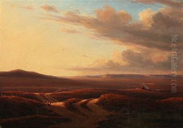 Sunset Over A Heather Landscape Oil Painting by Frederik Christian Jacobsen Kiaerskou