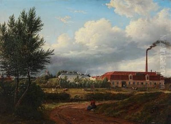 View Of Amager With Councillor L. P. Holmblad's Oil Mill And Candle Factory, In The Middle Mr. Holmblad's State Mansion, Former The Headquarters Of Amagerbanken, Now Banknordik. Amagerbrogade Is Situated Behind The Buildings Oil Painting by Frederik Christian Jacobsen Kiaerskou