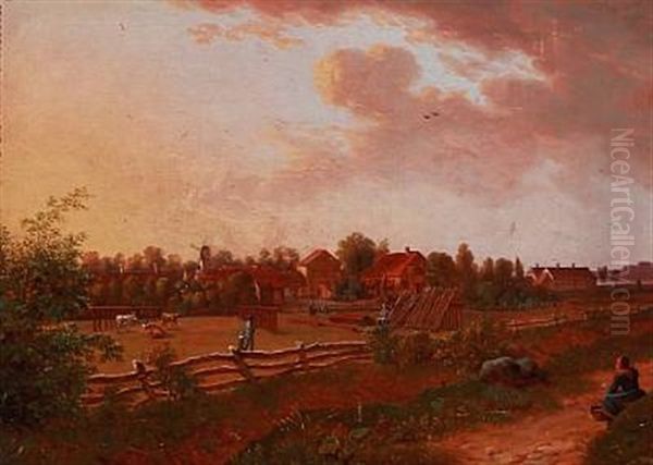 View Of Amager With Councillor L. P. Holmblad's Glue Factory. Mr. Holmblad's Oil Mill, Candle Factory And State Mansion Were Situated To The Left. In The Background To The Right Frederiksberg Castle Oil Painting by Frederik Christian Jacobsen Kiaerskou