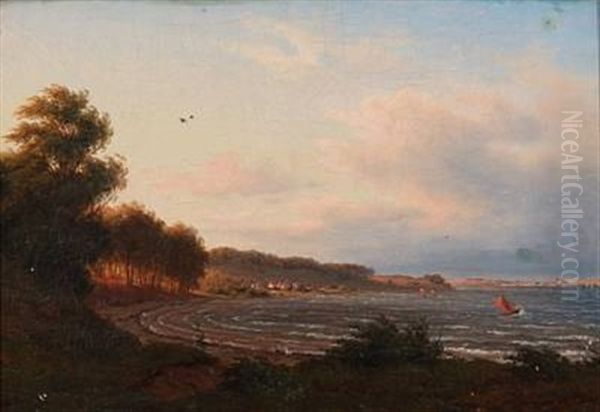 Coastal Scene From Rungsted With Kronborg In The Background Oil Painting by Frederik Christian Jacobsen Kiaerskou