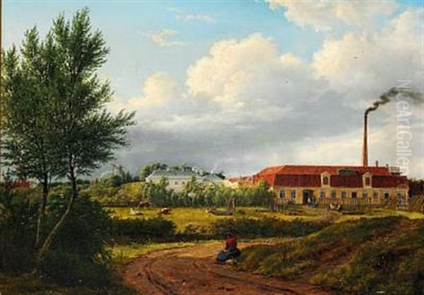 View Of Amager With Councillor L. P. Holmblad's Oil Mill And Candle Factory, In The Middle Mr. Holmblad's State Mansion, Former The Headquarters Of Amagerbanken, Now Banknordik Oil Painting by Frederik Christian Jacobsen Kiaerskou