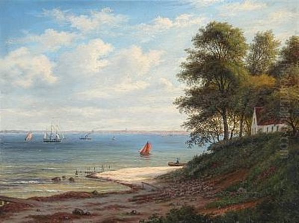 Summer Day At Hellebaek Beach, Denmark Oil Painting by Frederik Christian Jacobsen Kiaerskou