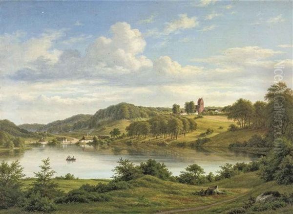 A Lake Near A Scandinavian Village Oil Painting by Frederik Christian Jacobsen Kiaerskou