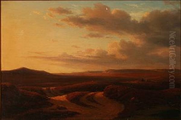 Moor Landscape At Sunset Oil Painting by Frederik Christian Jacobsen Kiaerskou