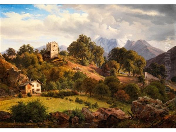 Sudalpine Landschaft Mit Zinnenbekrontem Rittergutturm Und Darunter Stehendem Bauerngehoft Mit Steinbelegtem Schindeldach Oil Painting by Frederik Christian Jacobsen Kiaerskou