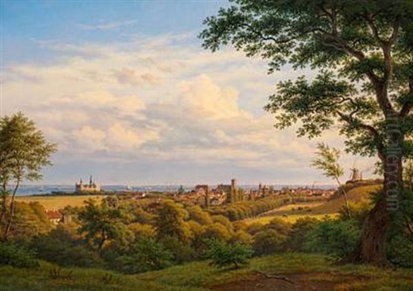 View Of Helsingor (elsinore) And The Sound Oil Painting by Frederik Christian Jacobsen Kiaerskou