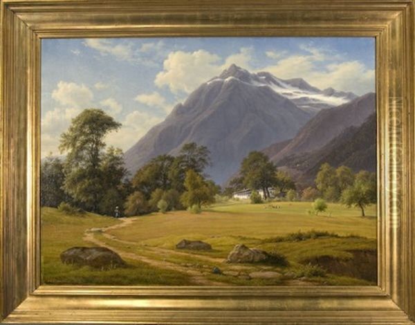 A Mountain Landscape Oil Painting by Frederik Christian Jacobsen Kiaerskou