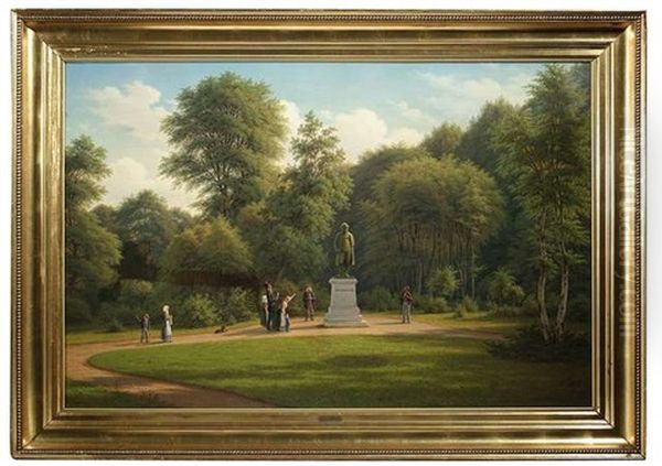 Spazierganger Im Park Bewundern Das Standbild Des Danischen Konzeilsprasidenten Und Ministers Adam Wilhelm Moltke Oil Painting by Frederik Christian Jacobsen Kiaerskou