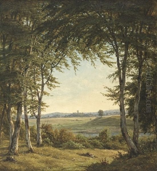 Udsigt Mod Lyngby Fra Ermelunden, I Forgrunden Traeer Og Skovkrat Oil Painting by Frederik Christian Jacobsen Kiaerskou