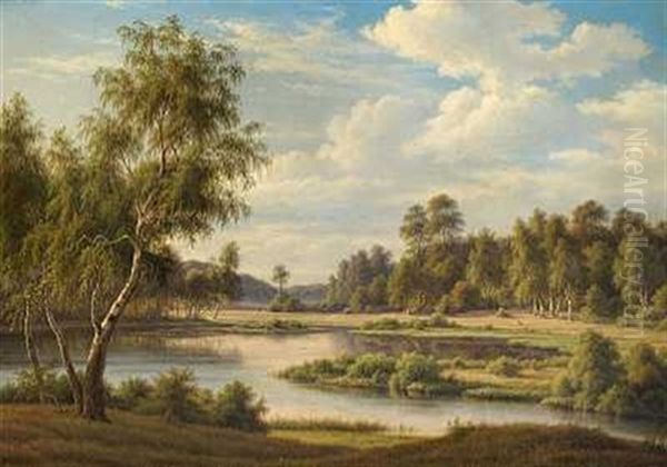 Sommerlandskab Med Birketraeer Ved En So Oil Painting by Frederik Christian Jacobsen Kiaerskou