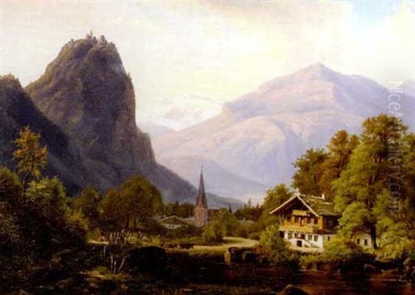 Dorf In Den Alpen Oil Painting by Frederik Christian Jacobsen Kiaerskou