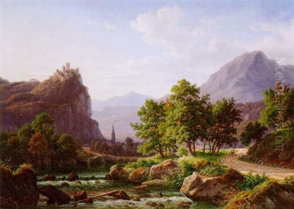 View Of A Valley With A Castle On A Crag by Frederik Christian Jacobsen Kiaerskou