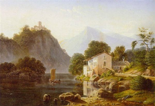 Italiensk Bjerglandskab Med Hus Ved So Oil Painting by Frederik Christian Jacobsen Kiaerskou