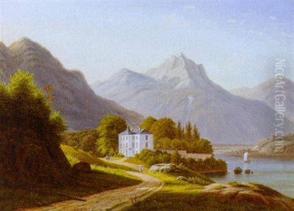 Slot I Sydlandsk Bjerglandskab Ved Flod, I Baggrunden Ruin Oil Painting by Frederik Christian Jacobsen Kiaerskou