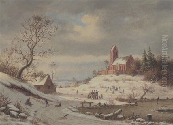 Vinterdag Med Born, Der Kaelker Og Lober Pa Skojter Ved En Hojtliggende Kirke (kregme Kirke?) Oil Painting by Frederik Christian Jacobsen Kiaerskou