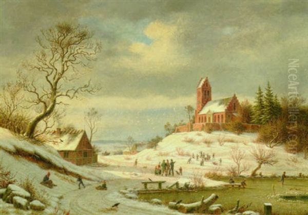 Vinterdag Med Born, Der Kaelker Og Lober Pa Skojter Ved En Hojtliggende Kirke (kregme Kirke?) Oil Painting by Frederik Christian Jacobsen Kiaerskou