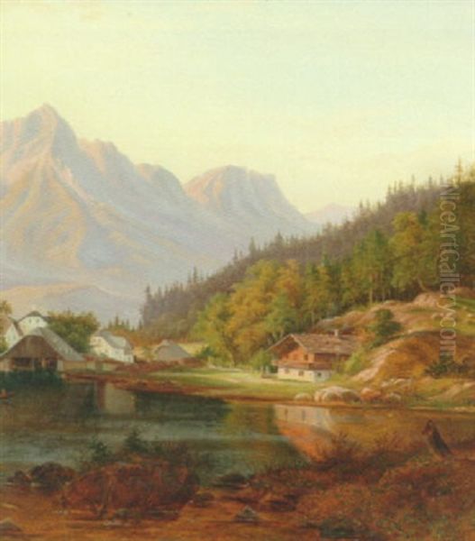 Alpelandskab Fra Tyrol Med Hytter Ved En So, I Baggrunden Bjerge Oil Painting by Frederik Christian Jacobsen Kiaerskou