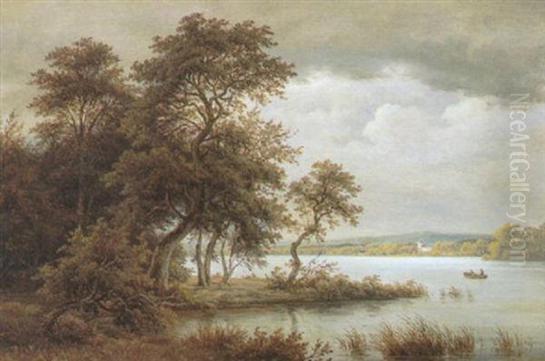 Flodlandskab Med Jolle, I Baggrunden Huse Oil Painting by Frederik Christian Jacobsen Kiaerskou