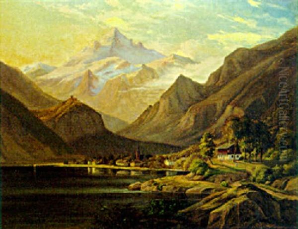 A Town By A Lake In An Alpine Landscape Oil Painting by Frederik Christian Jacobsen Kiaerskou