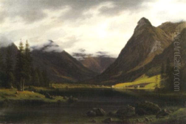 A View Of A Valley With Goats At The Edge Of A Lake And Houses In The Distance Oil Painting by Frederik Christian Jacobsen Kiaerskou