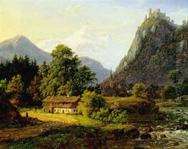 En Dal I Alperne, I Baggrunden Sneklaedt Bjergtop Oil Painting by Frederik Christian Jacobsen Kiaerskou