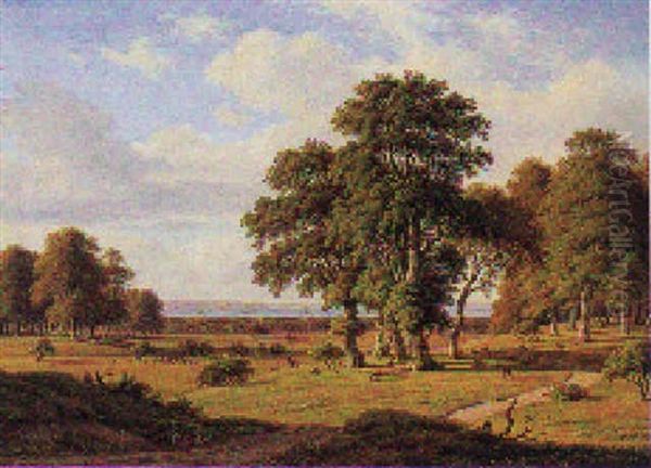 Dansk Sommerlandskab Med Kronvildt, I Baggrunden Kysten Oil Painting by Frederik Christian Jacobsen Kiaerskou