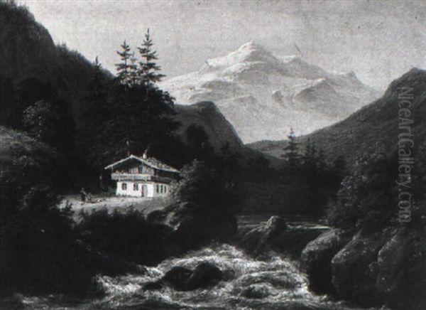 Bauernhaus Im Alpental Am Bachufer Oil Painting by Frederik Christian Jacobsen Kiaerskou