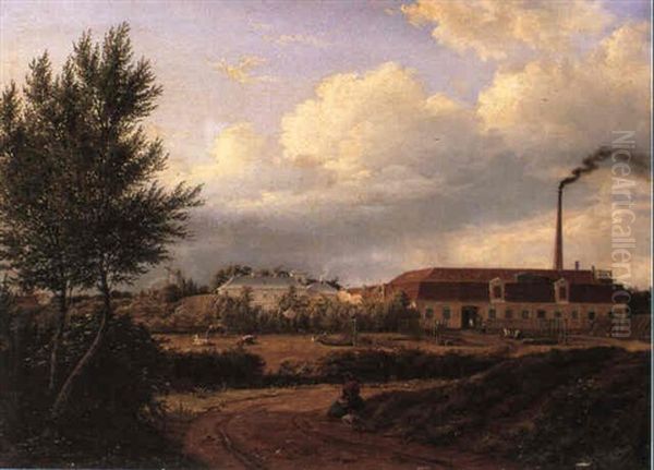 Sjaellandsk Prospekt Med Moller, Hovedbygning Og            Fabriksbygninger Oil Painting by Frederik Christian Jacobsen Kiaerskou