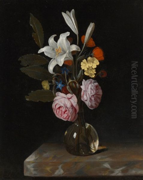 Still Life Of Roses, Lilies And Other Flowers In A Glass Vase On A Marble Ledge Oil Painting by Cornelis Kick